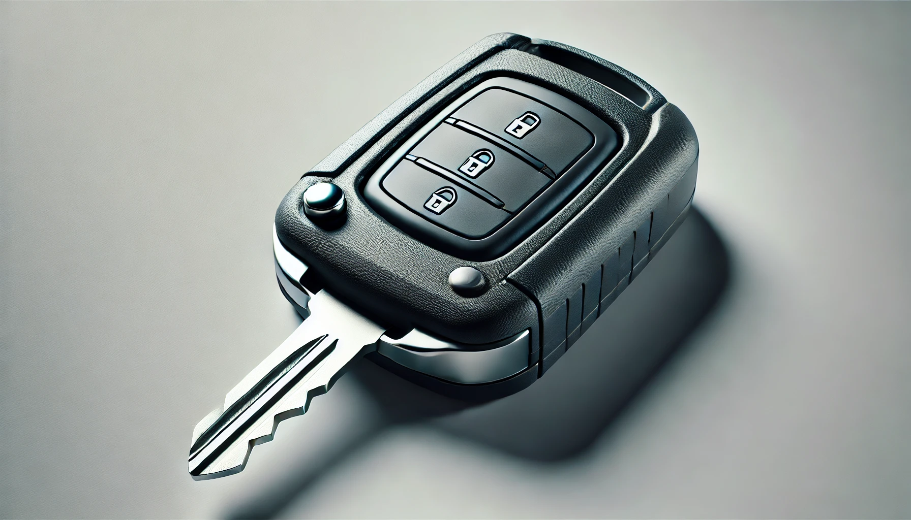 DALL·E 2024-09-28 18.30.51 - A modern car key fob, fully repaired and intact, lying on a surface. The fob is sleek and undamaged, showing no signs of wear or cracks. The key part